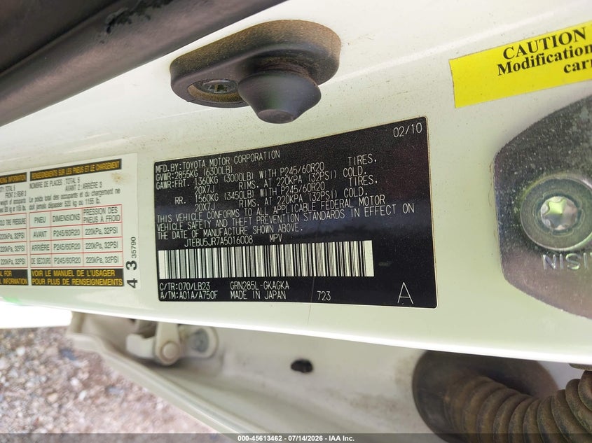 2010 Toyota 4Runner Limited V6 VIN: JTEBU5JR7A5016008 Lot: 45613462