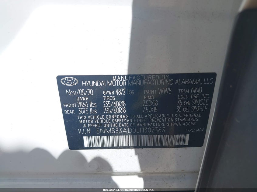 2020 Hyundai Santa Fe Sel VIN: 5NMS33AD0LH302363 Lot: 45613479