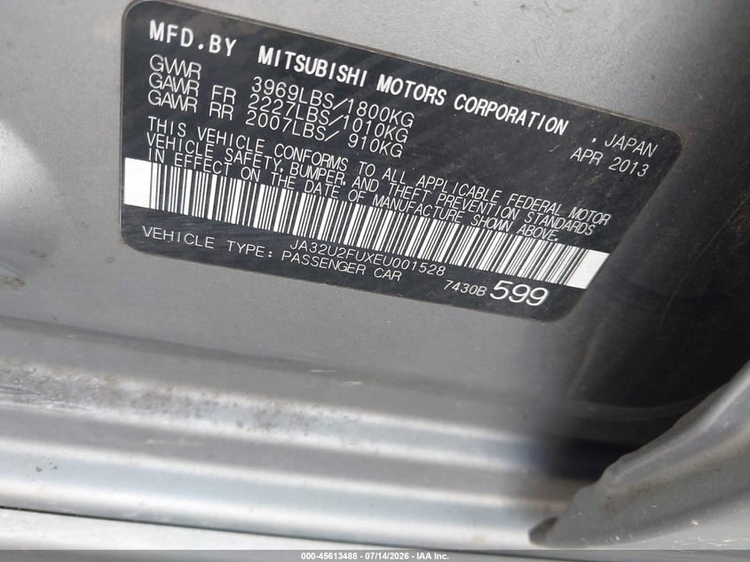 2014 Mitsubishi Lancer Es VIN: JA32U2FUXEU001528 Lot: 45613488