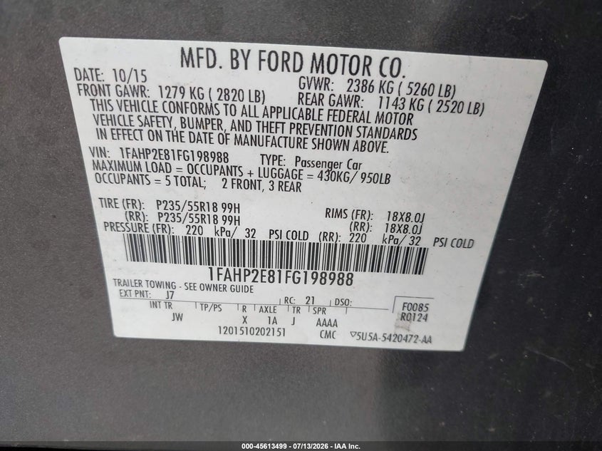 2015 Ford Taurus Sel VIN: 1FAHP2E81FG198988 Lot: 45613499