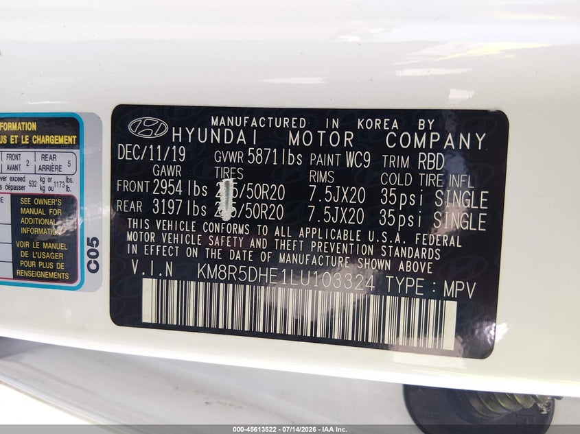 2020 Hyundai Palisade Limited VIN: KM8R5DHE1LU103324 Lot: 45613522