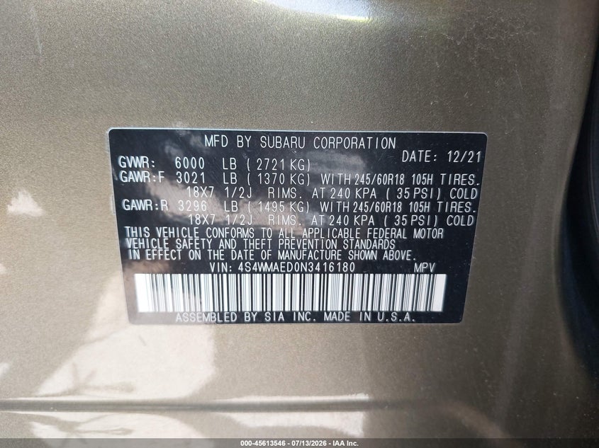 2022 Subaru Ascent Premium VIN: 4S4WMAED0N3416180 Lot: 45613546