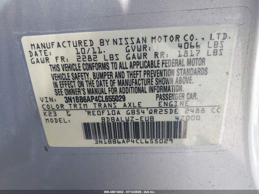 2012 Nissan Sentra Se-R VIN: 3N1BB6AP4CL695029 Lot: 45613552