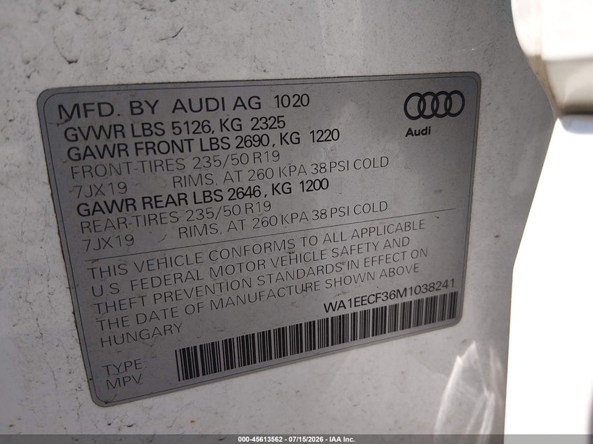 2021 Audi Q3 Premium Plus 45 Tfsi S Line Quattro Tiptronic VIN: WA1EECF36M1038241 Lot: 45613562