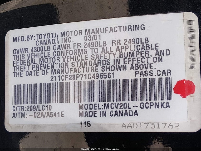 2001 Toyota Camry Solara Sle V6 VIN: 2T1CF28P71C496561 Lot: 45613567