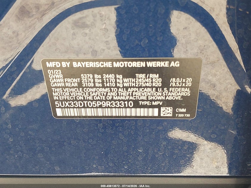 2023 BMW X4 xDrive30I VIN: 5UX33DT05P9R33310 Lot: 45613572