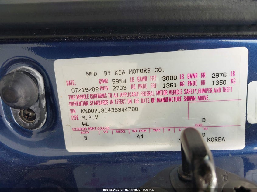 2003 Kia Sedona Ex/Lx VIN: KNDUP131436344780 Lot: 45613573