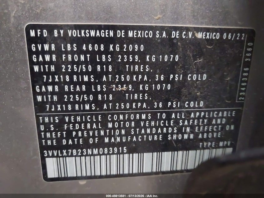 2022 Volkswagen Taos 1.5T Se VIN: 3VVLX7B23NM083915 Lot: 45613581