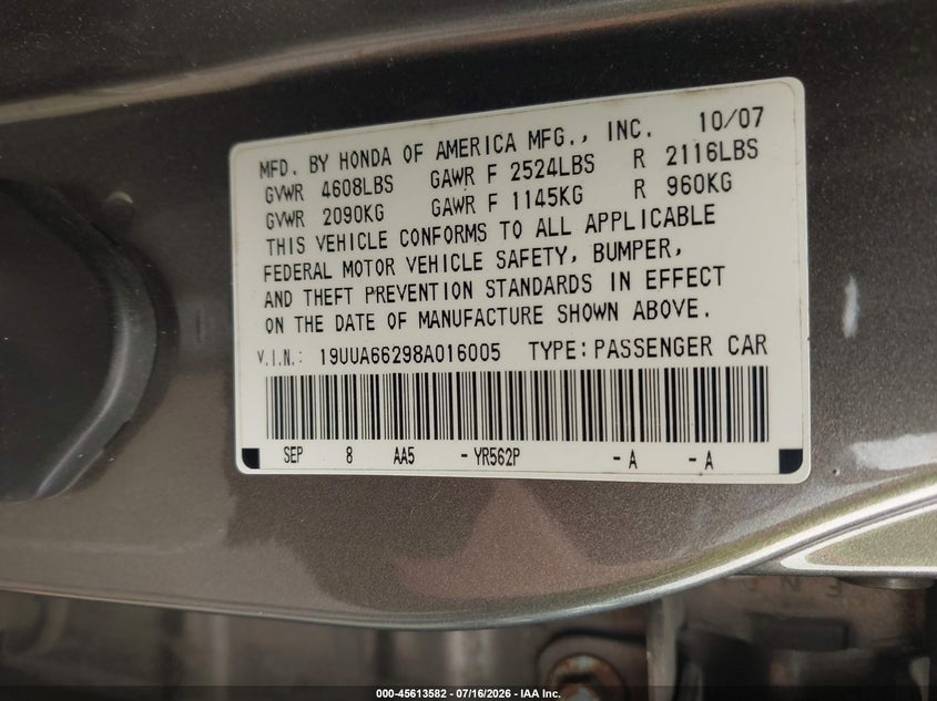 2008 Acura Tl 3.2 VIN: 19UUA66298A016005 Lot: 45613582