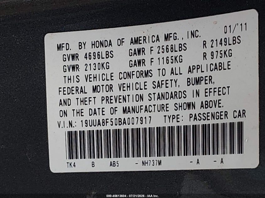 2011 Acura Tl 3.5 VIN: 19UUA8F50BA007917 Lot: 45613604