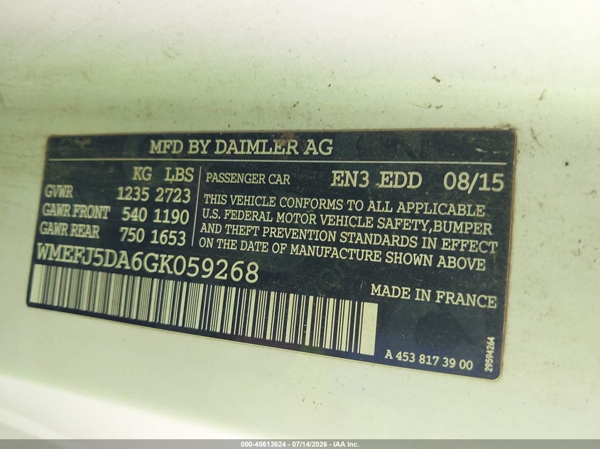 2016 Smart Fortwo VIN: WMEFJ5DA6GK059268 Lot: 45613624