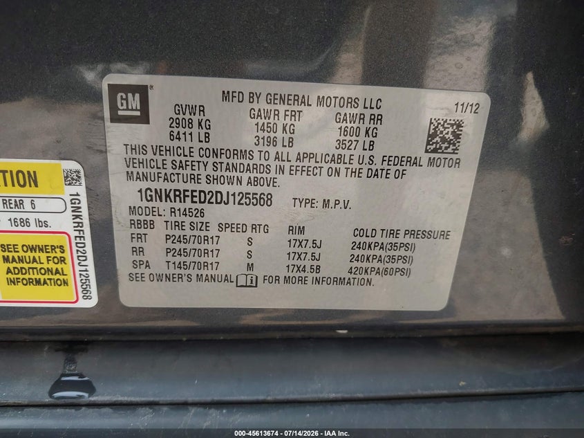 2013 Chevrolet Traverse Ls VIN: 1GNKRFED2DJ125568 Lot: 45613674