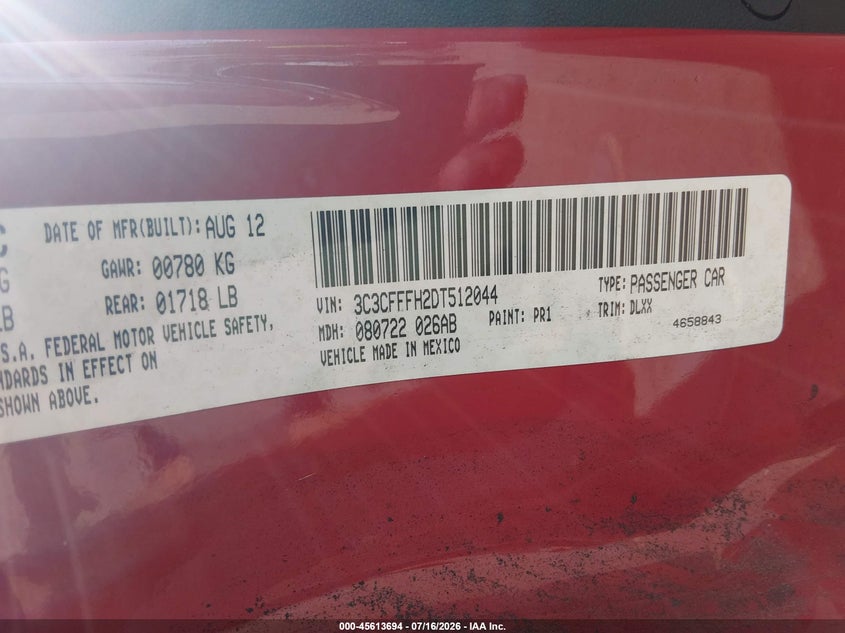 2013 Fiat 500 Abarth VIN: 3C3CFFFH2DT512044 Lot: 45613694