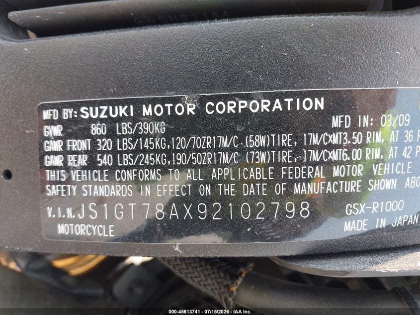 2009 Suzuki Gsx-R1000 VIN: JS1GT78AX92102798 Lot: 45613741