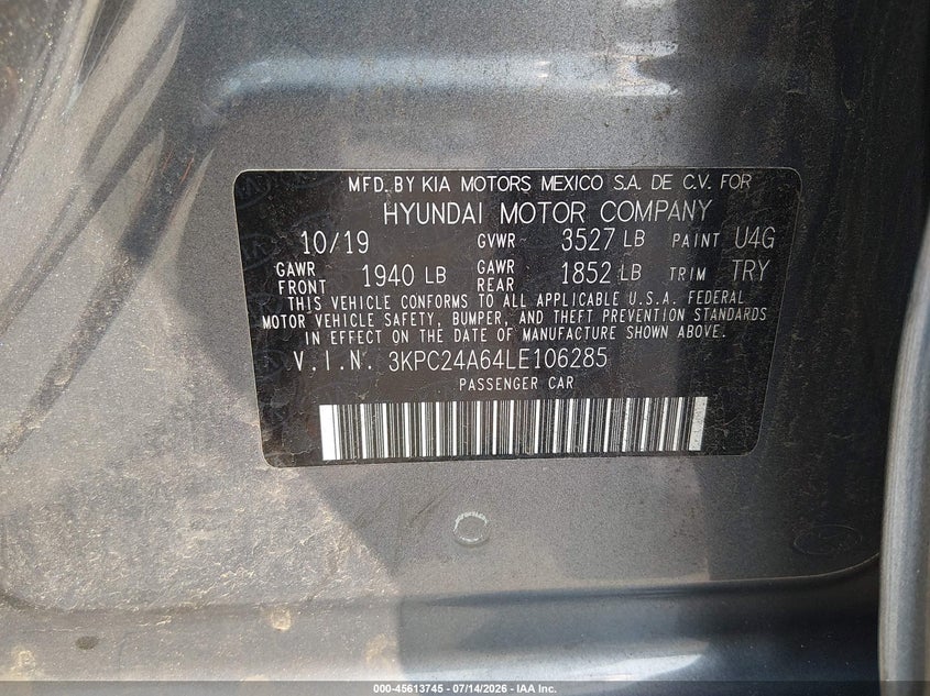 2020 Hyundai Accent Se VIN: 3KPC24A64LE106285 Lot: 45613745