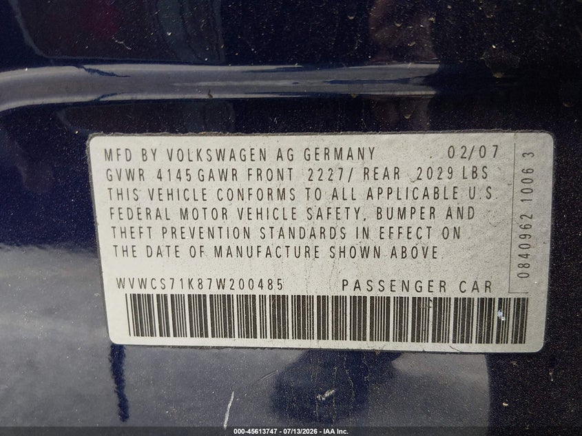 2007 Volkswagen Rabbit 4-Door VIN: WVWCS71K87W200485 Lot: 45613747