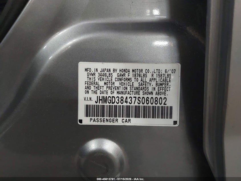 2007 Honda Fit VIN: JHMGD38437S060802 Lot: 45613761