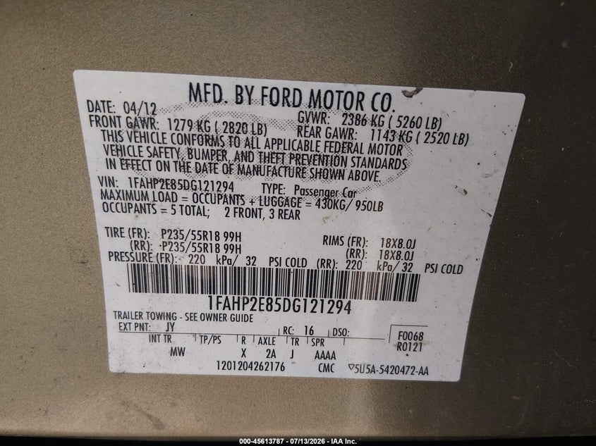 2013 Ford Taurus Sel VIN: 1FAHP2E85DG121294 Lot: 45613787