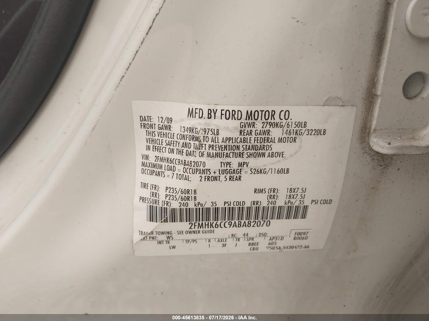 2010 Ford Flex Sel VIN: 2FMHK6CC9ABA82070 Lot: 45613835