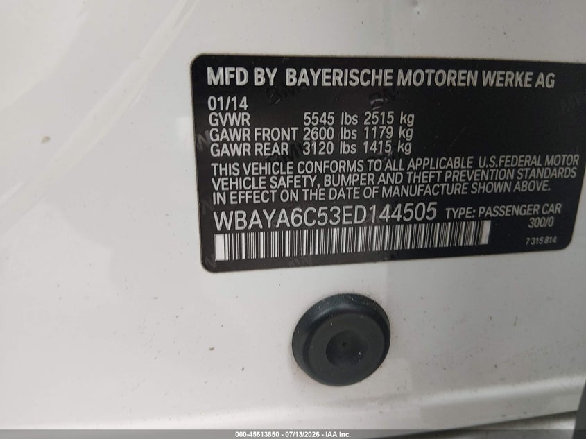 2014 BMW 740I VIN: WBAYA6C53ED144505 Lot: 45613850