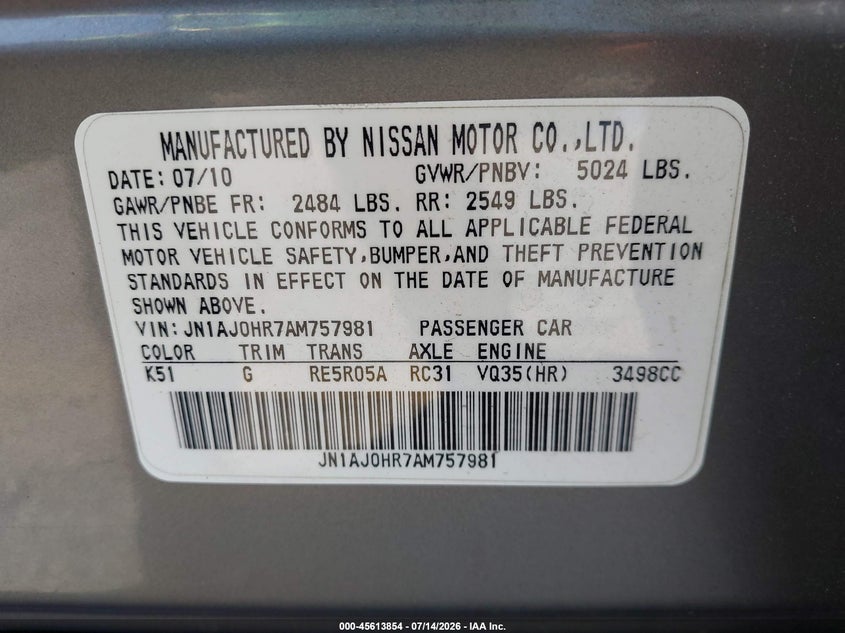 2010 Infiniti Ex35 Journey VIN: JN1AJ0HR7AM757981 Lot: 45613854