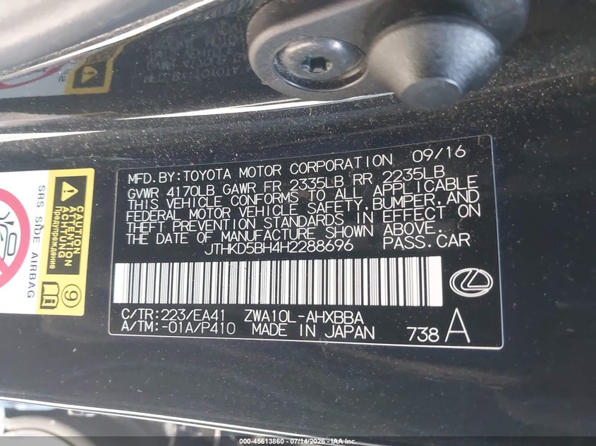 2017 Lexus Ct 200H VIN: JTHKD5BH4H2288696 Lot: 45613860