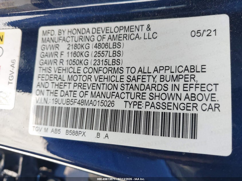 2021 Acura Tlx Technology Package VIN: 19UUB5F48MA015026 Lot: 45613871