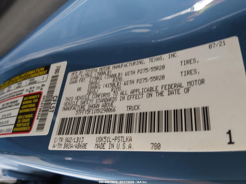 2021 Toyota Tundra Limited VIN: 5TFFY5F11MX290066 Lot: 45613878