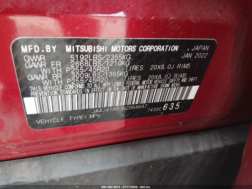 2022 Mitsubishi Outlander Es 2.5 S-Awc VIN: JA4J4TA80NZ064647 Lot: 45613914