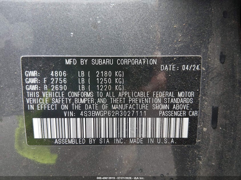 2024 Subaru Legacy Touring Xt VIN: 4S3BWGP62R3027111 Lot: 45613919