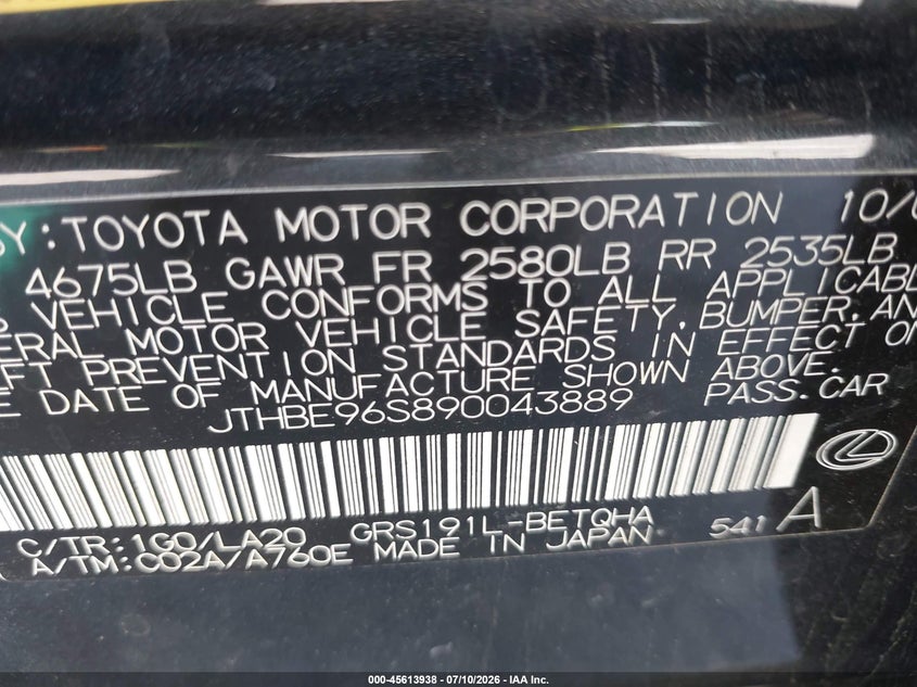 2009 Lexus Gs 350 VIN: JTHBE96S890043889 Lot: 45613938