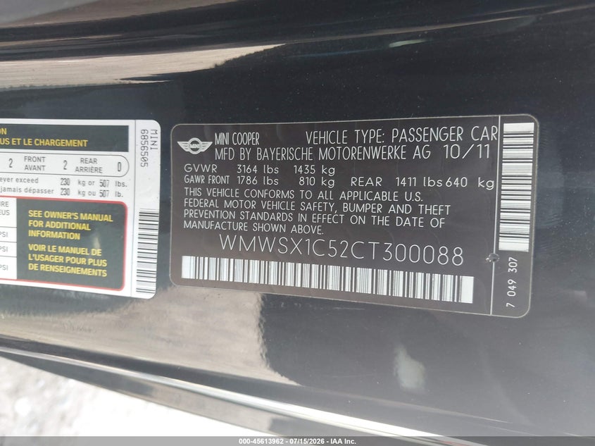 2012 Mini Cooper VIN: WMWSX1C52CT300088 Lot: 45613962