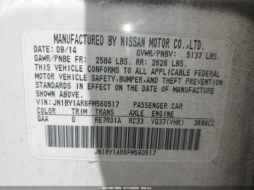 2015 Infiniti Q70 3.7X VIN: JN1BY1AR6FM560517 Lot: 45613986