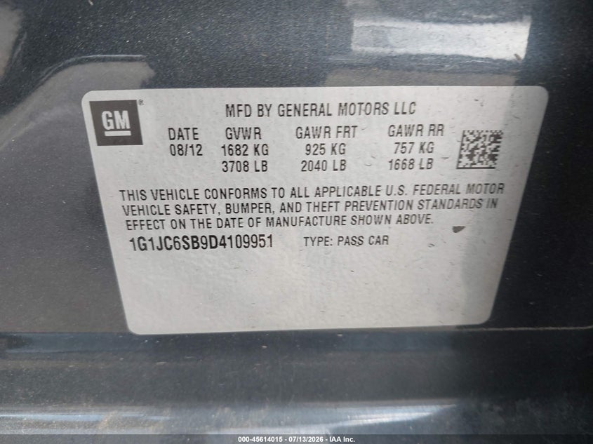 2013 Chevrolet Sonic Lt Auto VIN: 1G1JC6SB9D4109951 Lot: 45614015
