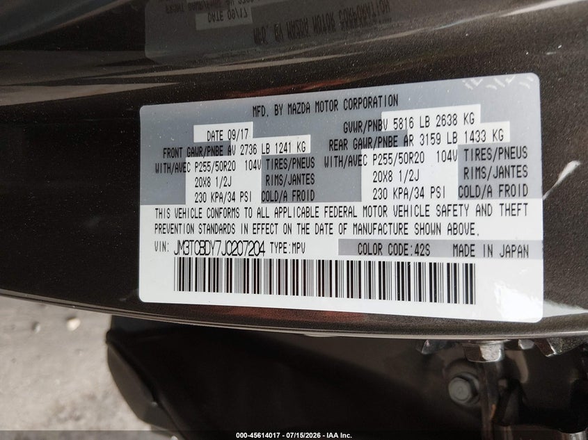 2018 Mazda Cx-9 Grand Touring VIN: JM3TCBDY7J0207204 Lot: 45614017