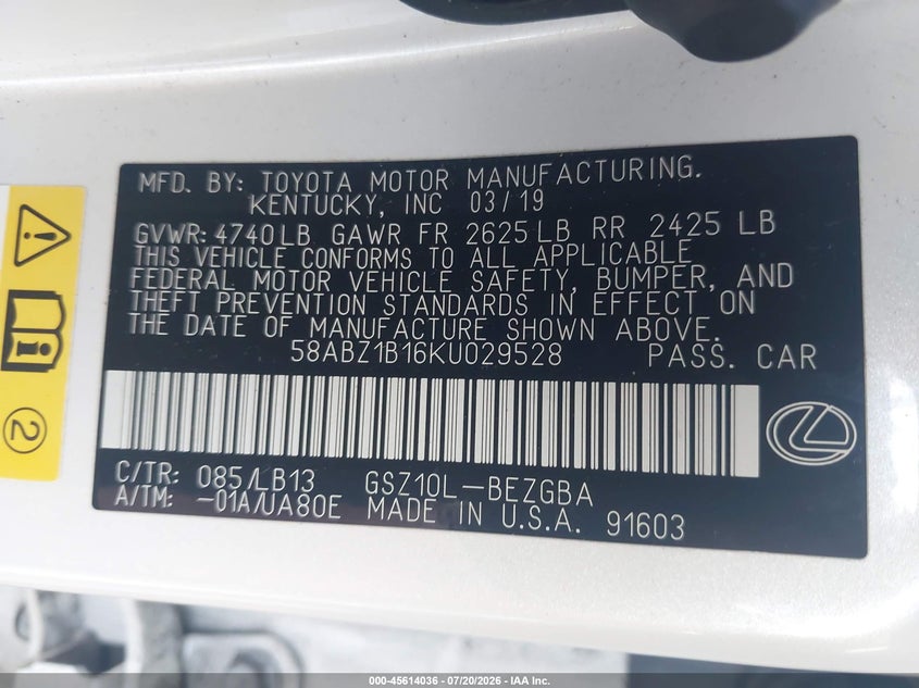 2019 Lexus Es 350 Luxury VIN: 58ABZ1B16KU029528 Lot: 45614036