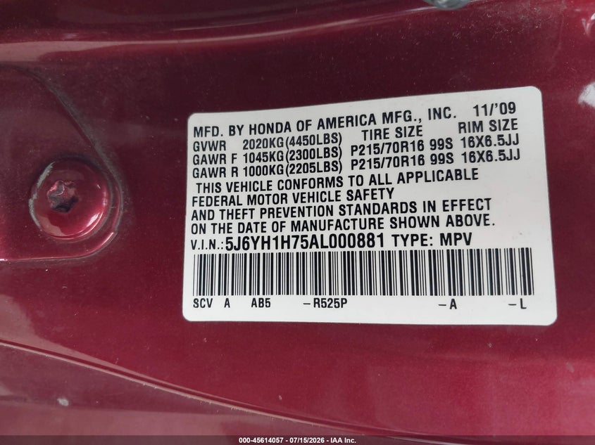 2010 Honda Element Ex VIN: 5J6YH1H75AL000881 Lot: 45614057