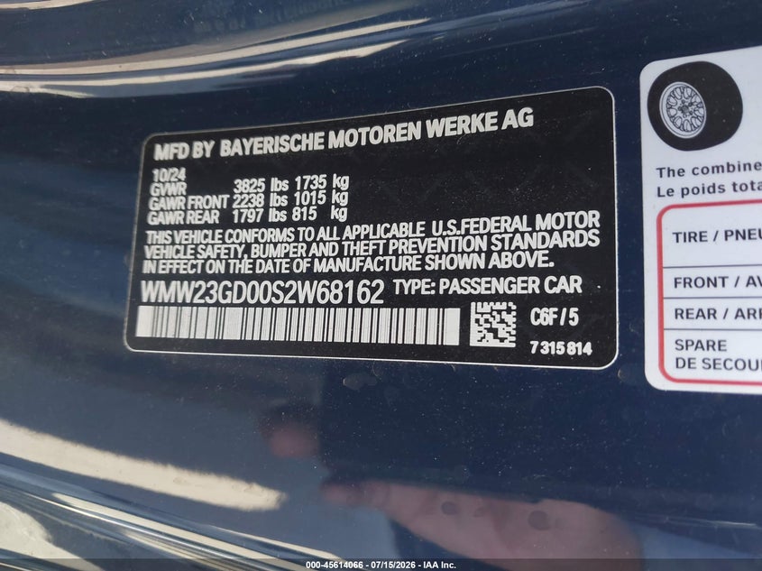 2025 Mini Hardtop Cooper S VIN: WMW23GD00S2W68162 Lot: 45614066