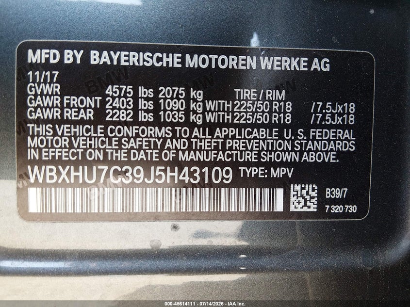 2018 BMW X1 Sdrive28I VIN: WBXHU7C39J5H43109 Lot: 45614111