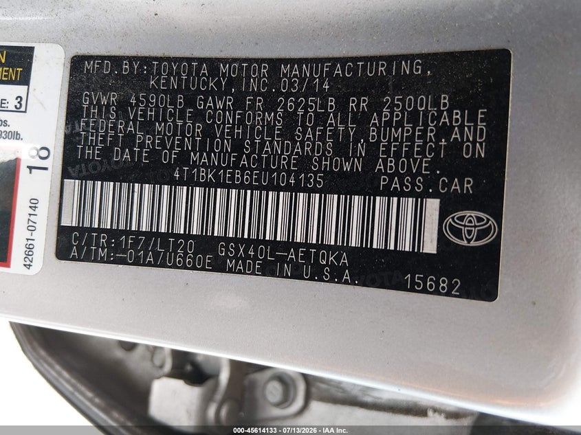 2014 Toyota Avalon Xle Touring VIN: 4T1BK1EB6EU104135 Lot: 45614133