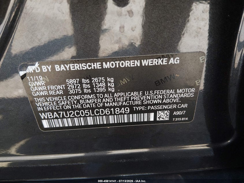 2020 BMW 750I xDrive VIN: WBA7U2C05LCD61849 Lot: 45614141