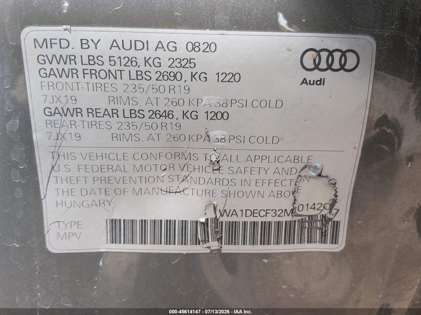 2021 Audi Q3 Premium 45 Tfsi S Line Quattro Tiptronic VIN: WA1DECF32M1014207 Lot: 45614147