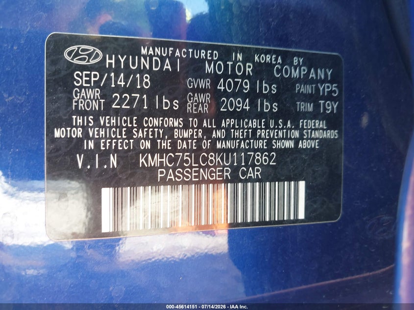 2019 Hyundai Ioniq Hybrid Sel VIN: KMHC75LC8KU117862 Lot: 45614151