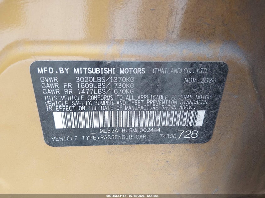 2021 Mitsubishi Mirage Carbonite Edition/Es/Le VIN: ML32AUHJ5MH002444 Lot: 45614157
