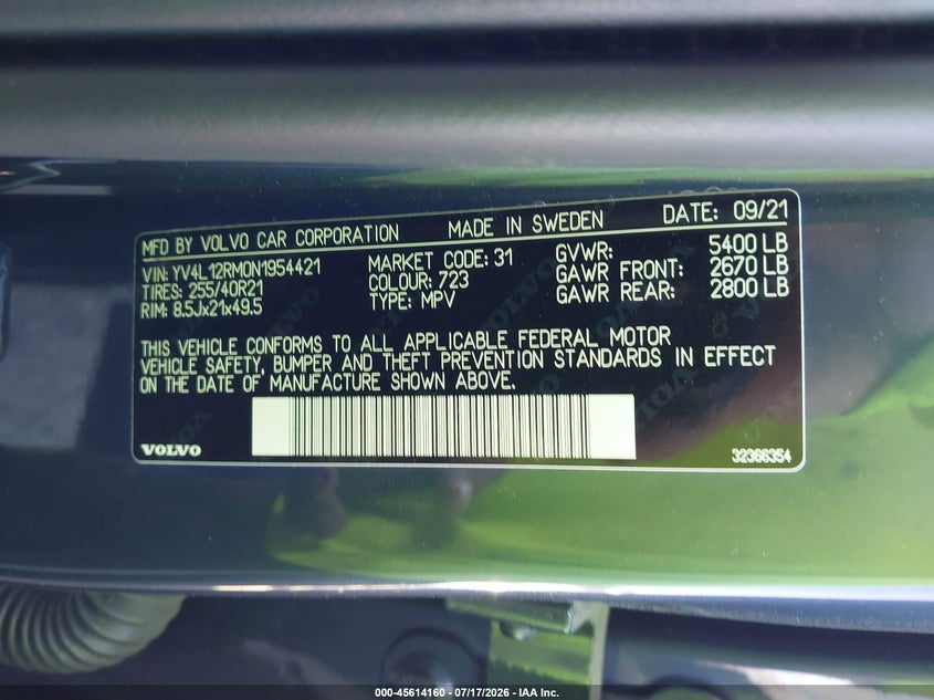 2022 Volvo Xc60 B5 R-Design VIN: YV4L12RM0N1954421 Lot: 45614160