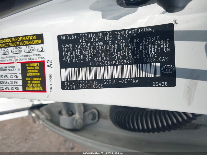 2011 Toyota Avalon Limited VIN: 4T1BK3DB7BU399691 Lot: 45614174