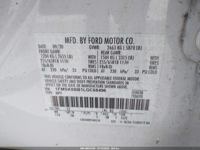 2020 Ford Explorer VIN: 1FMSK8BB1LGC68496 Lot: 45614180
