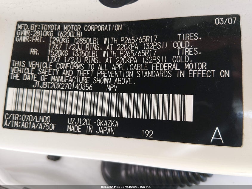 2007 Lexus Gx 470 VIN: JTJBT20X270140356 Lot: 45614185