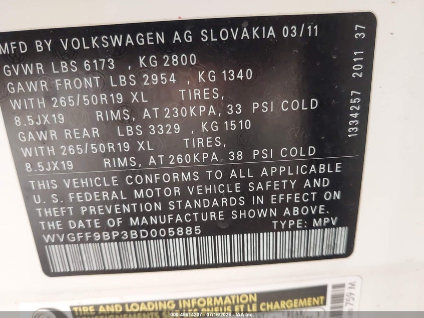2011 Volkswagen Touareg Vr6 Lux VIN: WVGFF9BP3BD005885 Lot: 45614207