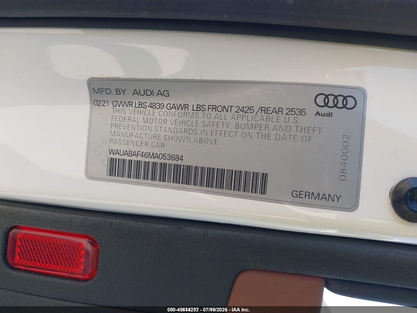 2021 AUDI A4 SEDAN 2.0L I-4 DI, DOHC, VVT, TURBO, 201HP